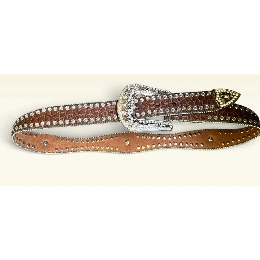 Blazin Roxx Womens Brown Croc Rhinestone Western Belt Crystal Concho M N3512002